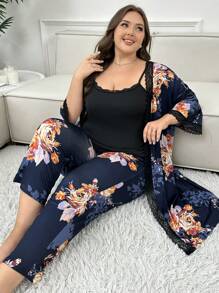 Plus 3pcs Lace Trimmed Cami Top, Long Pants And Robe Set, Fall Clothes - Multicolor - View 3