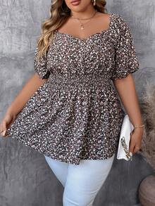 SHEIN CURVE+ Blusa corta de manga globo estampada con flores, adecuada para las vacaciones de verano y otoño, con estilo lindo - Multicolor - Ver 3