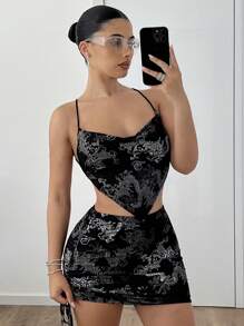 SHEIN ICON Áo ba lỗ hở lưng dây và chân váy trễ vai cạp trễ bất đối xứng Y2K màu đen - màu đen - Xem 3