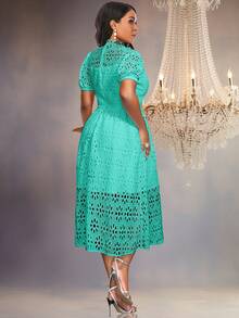 蕾丝镂空泡泡袖 A 字型圣诞派对礼服优雅鸡尾酒半正式舞会婚礼宾客礼服，适合生日、毕业典礼、晚宴、返校节 - 薄荷綠 - 查看 3