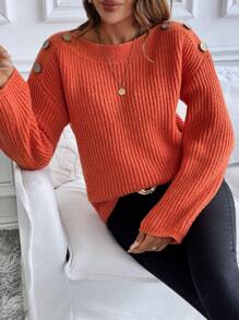 Chiquease Casual Orange Shoulder Button Decorated Sweater, Autumn/Winter Knit Pullover Fall Outfit
