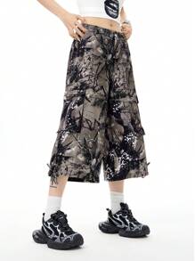 SHEIN EZwear Y2K炫酷街頭風格女款迷彩印花低腰寬鬆長/短褲 - 軍綠色 - 查看 4