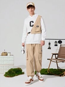 SHEIN 2pcs Teen Boys' Casual Khaki Vest With Multi-Pockets And White Hooded Printed Sweatshirt With Thermal Lined , Plus Khaki Jogger Cargo Pants. Suitable For Fall, Winter, Sports, Camping, Hiking, Daily Wear - Multicolor - View 3