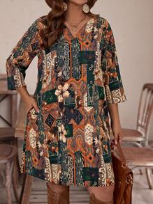 EMERY ROSE Vestido de manga media hasta la mitalla con cuello en V y estampado completo, de talla grande, informal y para vacaciones