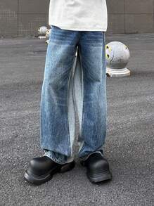 Claim Dot Y2K Retro Street Style Men's Mid-Blue Washed Denim Patchwork Wide Leg Baggy Jeans - Medium Wash - View 1