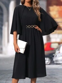 SHEIN Clasi Round Neck Cape, Cinched Waist With Metal Buckle, Flared Dress - Black - View 5