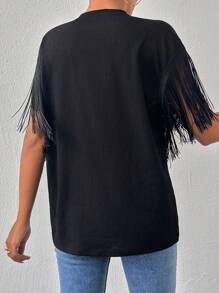 EURMUSE Áo thun trắng có chi tiết thêu - màu đen - Xem 2