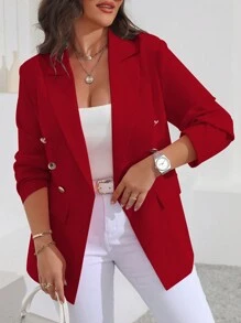 SHEIN Unity Plus Size Women's Solid Color Spring/Autumn Elegant Commuting Suit Jacket With Lapel Collar And Double Breasted Long Sleeves For New Year Clothes - Red - View 1