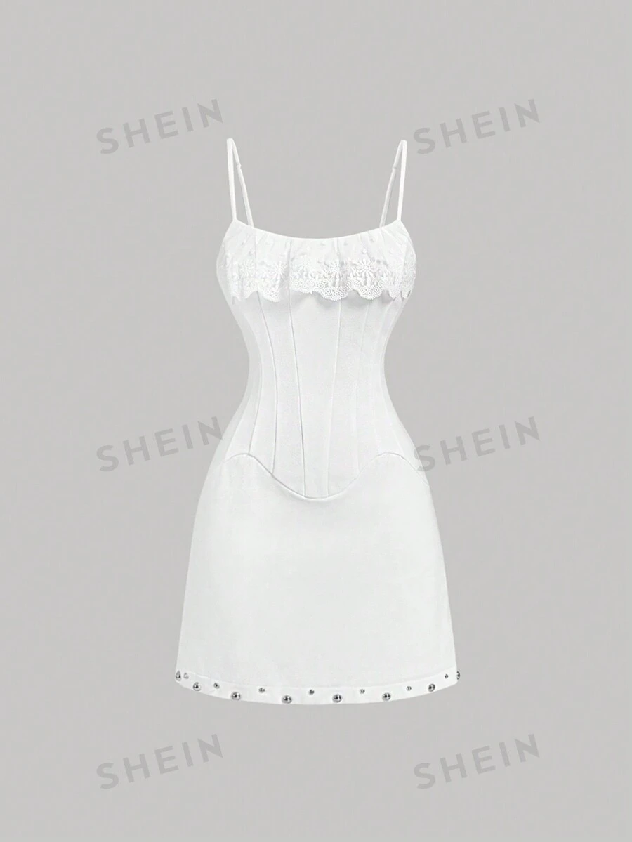 SHEIN MOD Vestido blanco de diseño en forma de espinas de pescado y de encaje floral con división, patrón de ondas quemadas y cuello decorado con metal para mujeres - Blanco - Ver 1