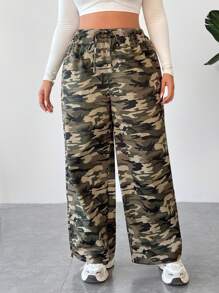 SHEIN EZwear Plus Size Women's Casual Camouflage Printed Long Pants
