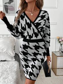 SHEIN Clasi 女士冬季温暖、优雅、性感的深 V 领设计，带有千鸟格图案，适合派对、工作和外出 - 毛衣裙 - 黑與白 - 查看 1