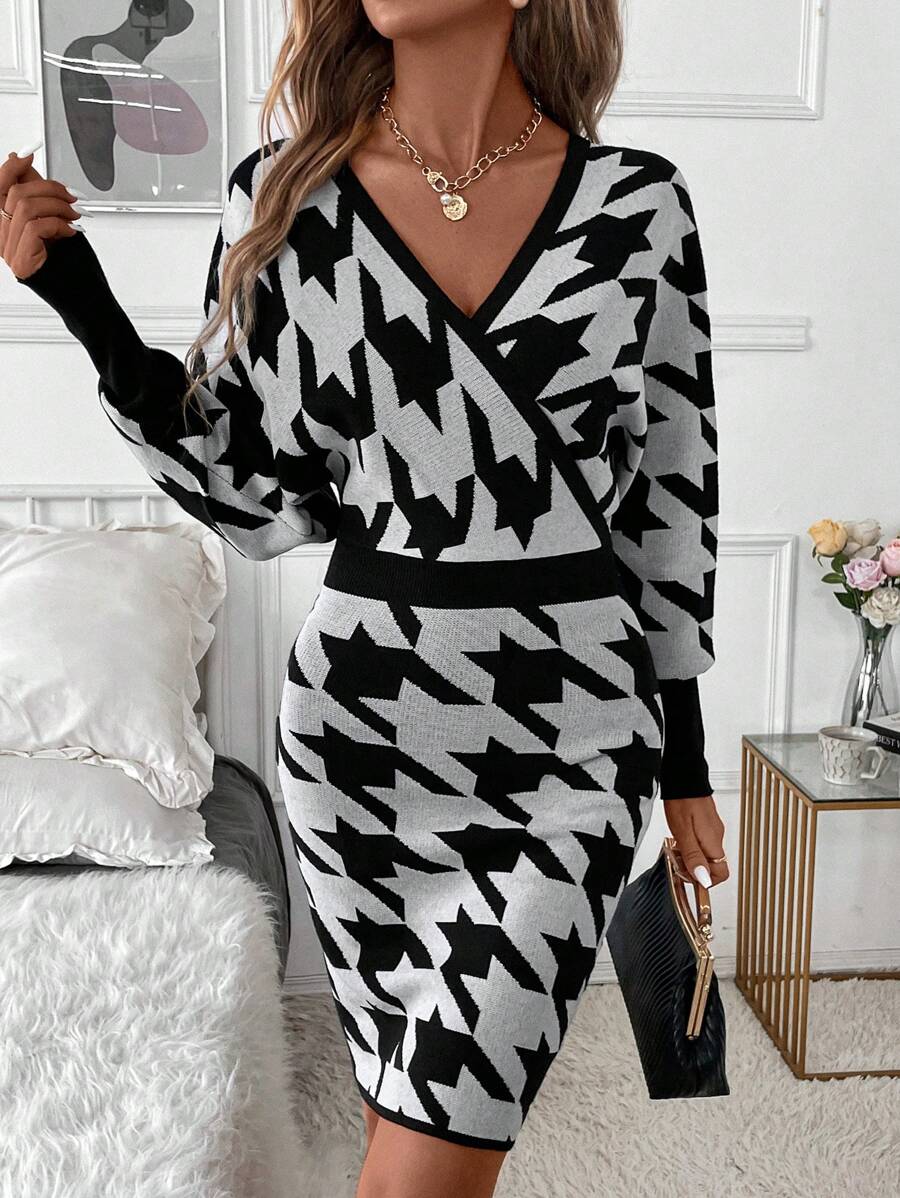 SHEIN Clasi 女士冬季温暖、优雅、性感的深 V 领设计，带有千鸟格图案，适合派对、工作和外出 - 毛衣裙 - 黑與白 - 查看 1