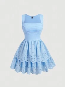 SHEIN MOD White Layered Cake Lace Summer Cute Rural Romantic Girl Dress - Blue - View 1