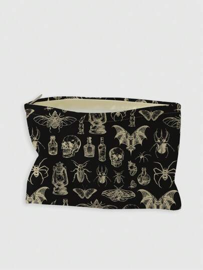 Grunge Punk Bat Skulls & Insect Specimens Design Double-Sided Printed Corduroy Cosmetic Bag, Halloween