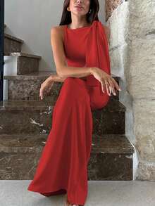 Women Solid Asymmetric Collar Sleeveless Long Dress Elegant Modest Vacation Party Festival Spring Summer Clothes - Red - View 3