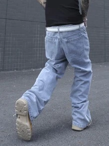 Manfinity EMRG Pantalones vaqueros holgados, informales y amplios con cremallera lateral y abertura de pierna ancha para hombre. Pantalones vaqueros anchos y lavados de color azul claro, ideales como regalo para el esposo o novio