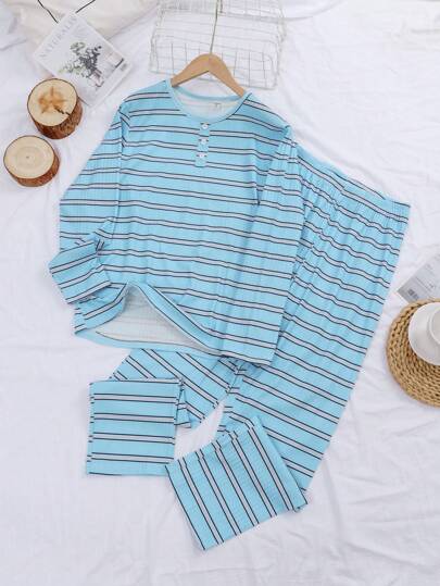 青少年男生藍色條紋阻燃長袖舒適休閒家居套裝，2件套