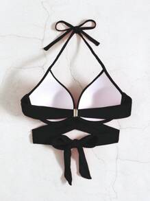 Voyashape 女士夏季海灘褶皺颈部露背比基尼上衣 - 黑色 - 查看 2