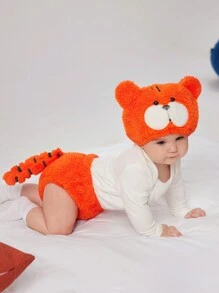 SHEIN 2pcs/Set Toddler Boys' Casual Cute Plush Warm Thick Tiger Hat And Shorts With 3D Tail For Photography Clothing And Props - Orange - View 3