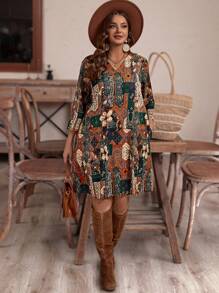 EMERY ROSE Vestido de manga media hasta la mitalla con cuello en V y estampado completo, de talla grande, informal y para vacaciones