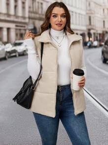 SHEIN LUNE Plus Size Winter Casual Solid Color Stand Collar Padded Vest Winter Women Coat Winter Women Clothes Keep Warm Versatile And Comfortable Super Thickened Double Fleece Warm Winter Coats
