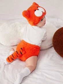 SHEIN 2pcs/Set Toddler Boys' Casual Cute Plush Warm Thick Tiger Hat And Shorts With 3D Tail For Photography Clothing And Props - Orange - View 2