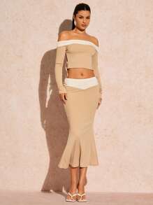 Glamine Knitted Ribbed Color Block Bandeau Top & Long Skirt Set Fall Cloth For Women