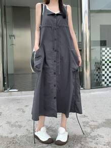 DAZY 女式夏季纯色吊带连衣裙，带纽扣和侧袋，太阳裙，休闲女装 - 灰色 - 查看 6