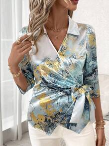 Ellevyn 女士夏季大理石印花水紋連衣裙，3/4袖扣衫 - 彩色 - 查看 4