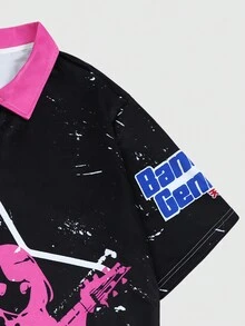 ROMWE MEN Anime Áo sơ mi Polo có cổ hình chữ & đồ họa tương phản dành cho nam - màu đen - Xem 3