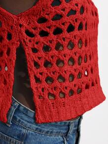 Maija 纯色圆领短款上衣，侧开衩，镂空网眼细节，红色 - 紅色 - 查看 6