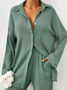 EURMUSE Tall Size 2-Piece Solid Color Textured Fabric Shirt And Pants Set - Mint Green - View 3