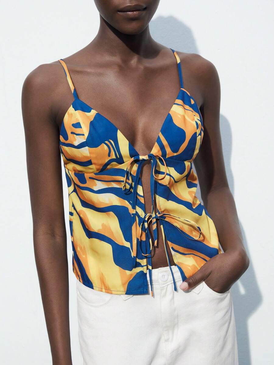 Maija 女士夏季斑馬紋打結休閒背心上衣 - 黑與白 - 查看 1