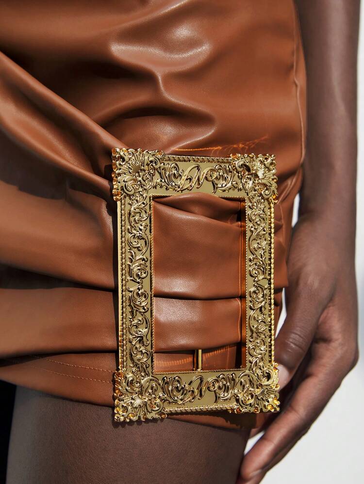 SHEIN Maija Women PU Leather Low Waist Metal Decor Skirt