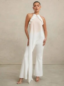 SHEIN Unity Áo 3D Viền Hoa Hem Bất Đối Xứng Dài Cami Top - trắng - Xem 4