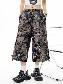 SHEIN EZwear Y2K炫酷街頭風格女款迷彩印花低腰寬鬆長/短褲 - 軍綠色 - 查看 1