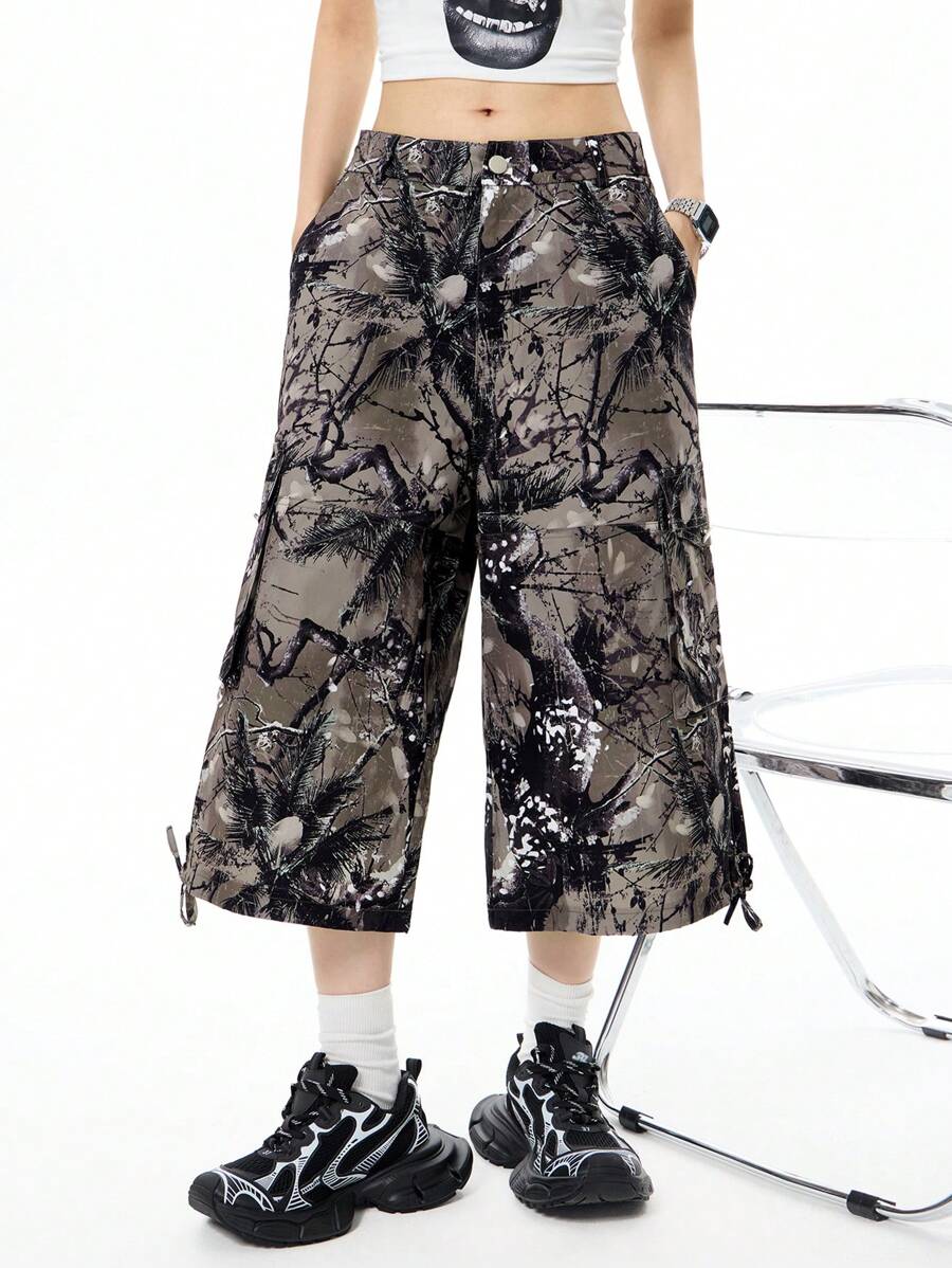 SHEIN EZwear Y2K炫酷街頭風格女款迷彩印花低腰寬鬆長/短褲 - 軍綠色 - 查看 1