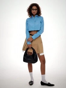 Forever 21 Camisa de manga larga corta de unicolor simple diaria para mujer - Azul - Ver 1
