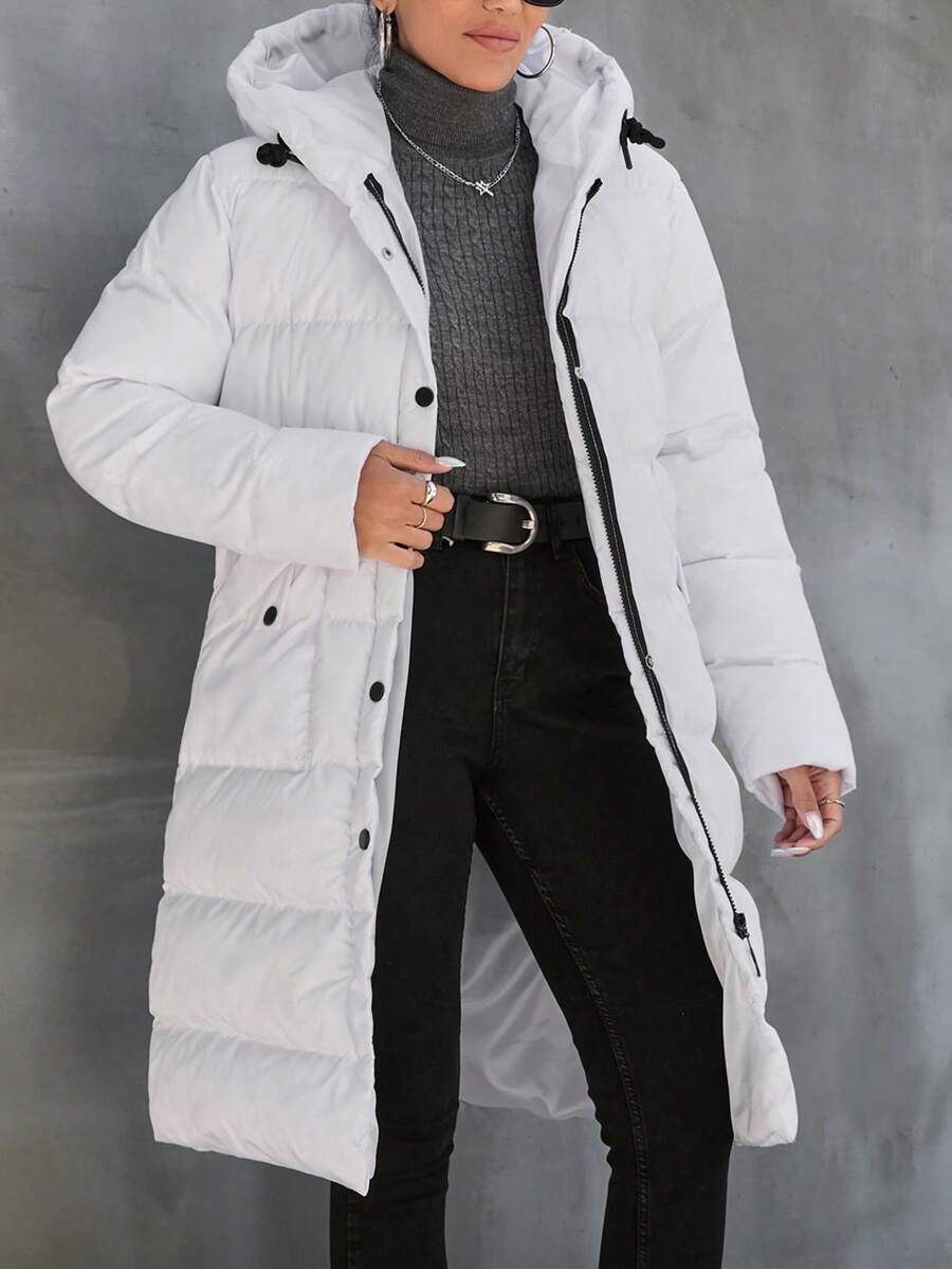 SHEIN PETITE Women's  Drawstring Hooded Puffer Coat - White - View 1