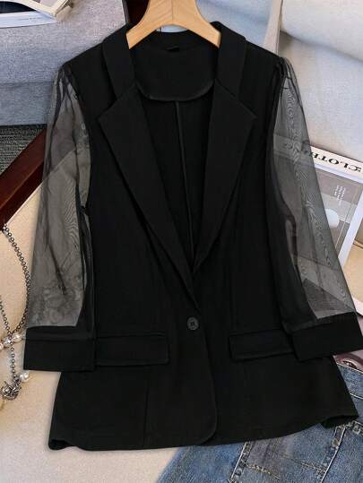 SHEIN Clasi Plus Size Solid Color Mesh Contrast Front Button Long Sleeve Blazer Jacket
