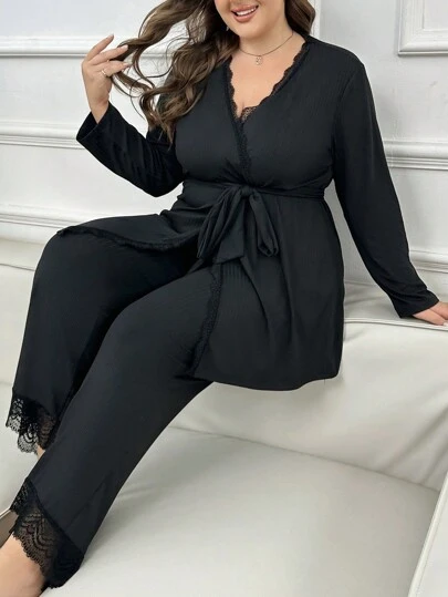 SHEIN Set pigiama taglie forti con pantaloni lunghi, in tinta unita con bordi in pizzo, abbigliamento comodo, adatto per autunno e inverno