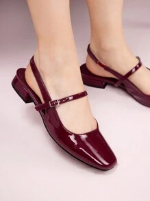 CUCCOO DOLLMOD 女士时尚红色玛丽珍踝带低跟舒适方头鞋圣诞秋季勃艮第玛丽珍高跟鞋新年假期 - 酒紅色 - 查看 4