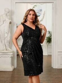 SHEIN Belle Plus Size Black V-Neck Short Sparkly Asymmetric Wrap Elegant Cocktail Dress Prom Semi Formal Wedding Guest Dress, For Birthday, Graduation, Dinner, Homecoming Party Dress - Black - View 3