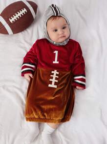 SHEIN 2 件套男婴可爱橄榄球角色扮演服装，带帽子，适合派对、秋冬季 - 紅色 - 查看 1