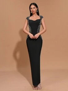 Modphy Đầm dài ôm sát màu đen không tay cổ chữ V đính đá lấp lánh, hàng mới về, thanh lịch dành cho tiệc sinh nhật, tiệc tối trang trọng, dạ hội, tiệc cưới, lễ tốt nghiệp, mùa xuân. - màu đen - Xem 3