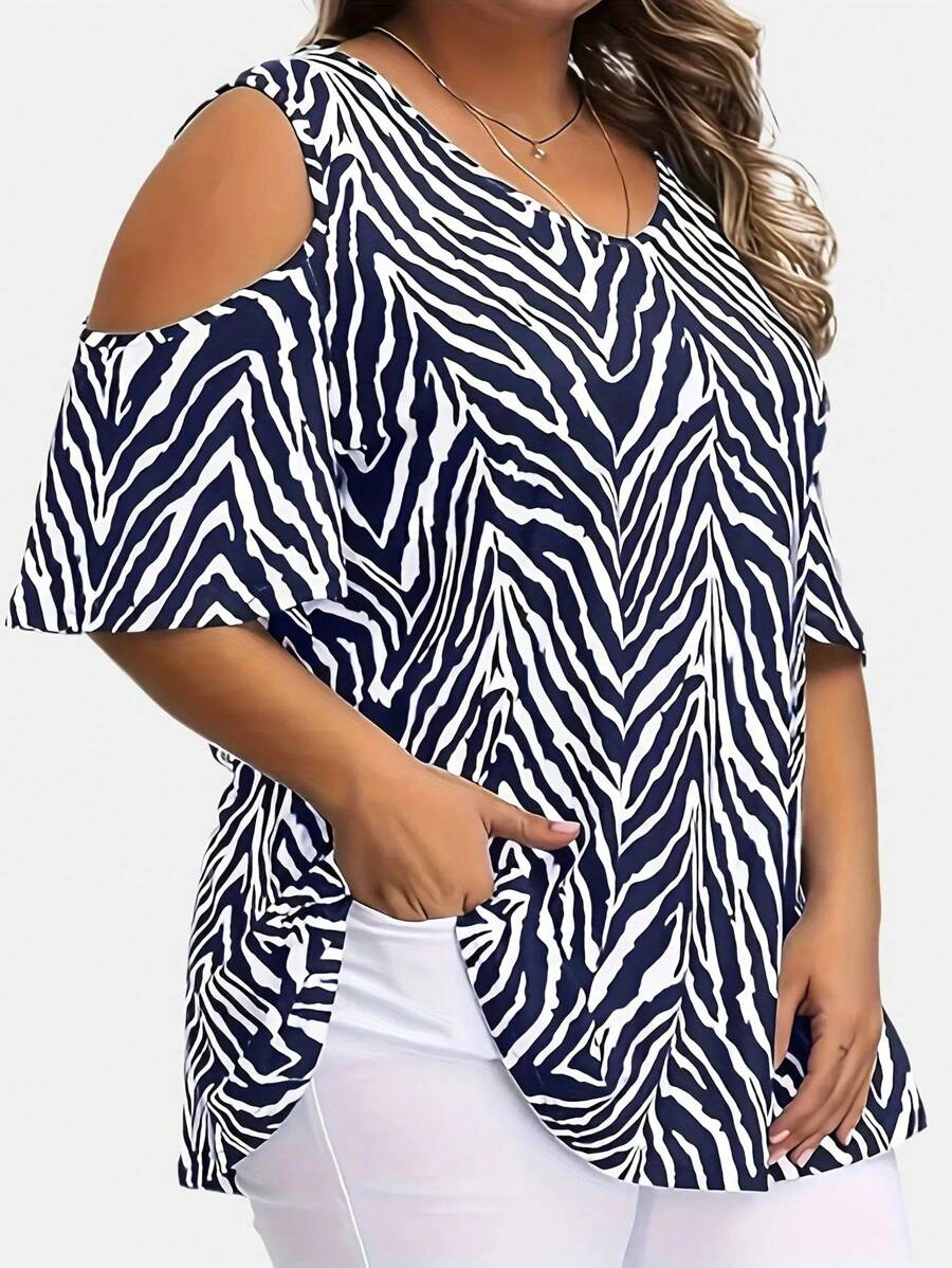 EMERY ROSE Plus Size Women's V-Neck Short Sleeve Open Shoulder Zebra Printed T-Shirt, Summer Graphic Tees Women Tops - Blue and White - View 1