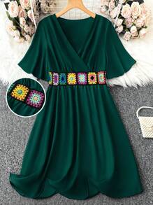 Breezaya Plus Size Nữ thêu trang trí đơn giản cổ chữ V tay ngắn hàng ngày - Màu xanh lá cây đậm - Xem 1