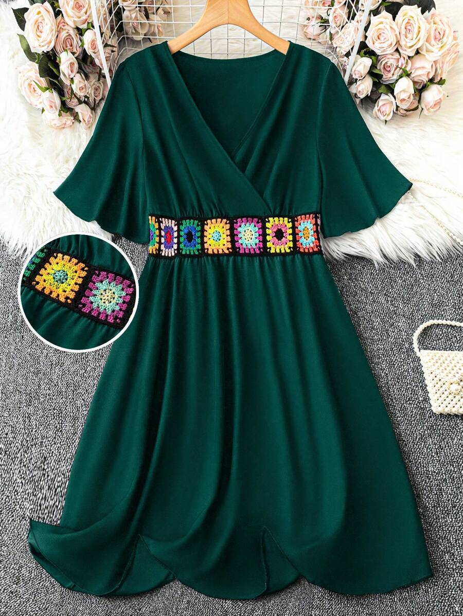 Breezaya Plus Size Nữ thêu trang trí đơn giản cổ chữ V tay ngắn hàng ngày - Màu xanh lá cây đậm - Xem 1