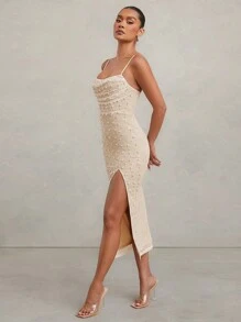 L'Amorae Women's Lace And Pearl Cowl Neck Midi Dress With Slit - White - View 4