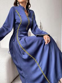 Al Najma 女士优雅拼色长裙，系带设计，喇叭袖，优雅晚会礼服 - 寶藍色 - 查看 1